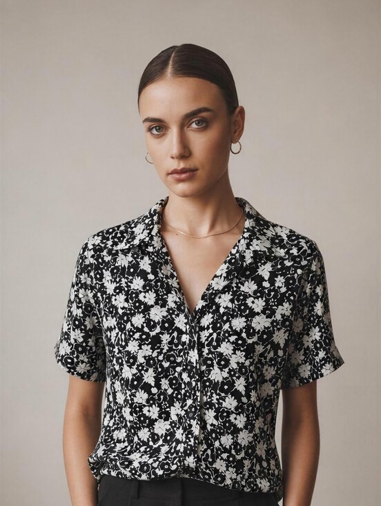 Notations Tops - NOTATIONS Floral Button-Down Short Sleeve Top - Black & White SIZE MEDIUM